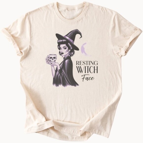 Resting Witch Face Shirt Witch Holding Skull Halloween Graphic Tee - Picture 1 of 4